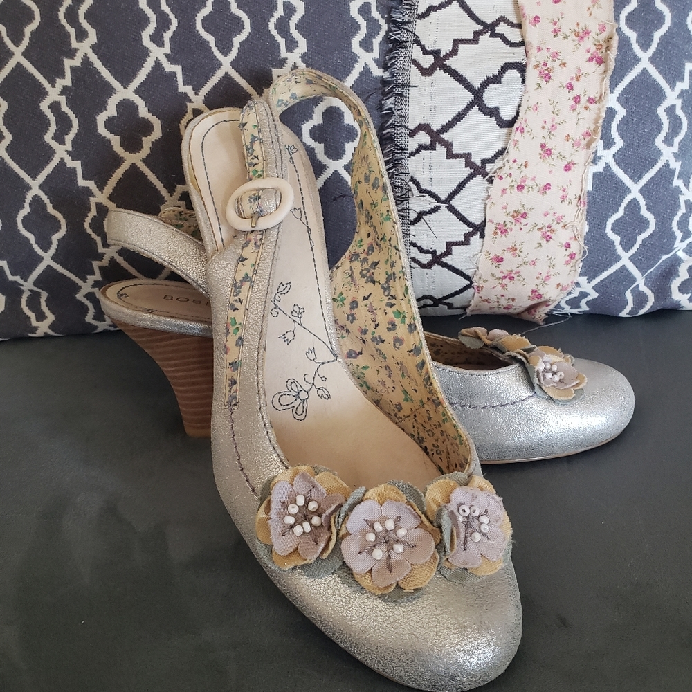 Silver Floral Embellished Bobbi Blu Slingback Heels, Size 8
